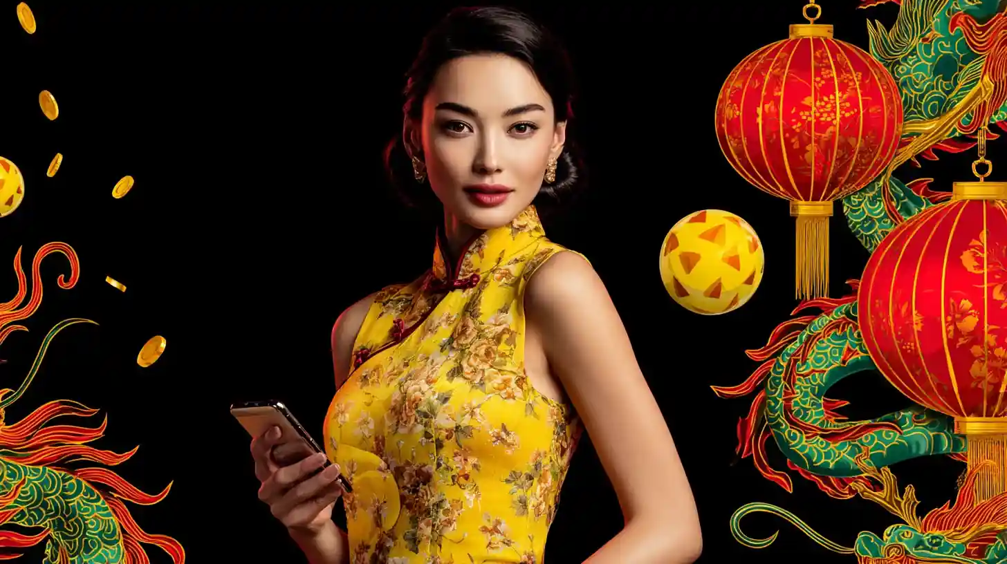 ภาพหญิงสาวใส่ชุดจีนสีเหลืองถือโทรศัพท์มือถือ
