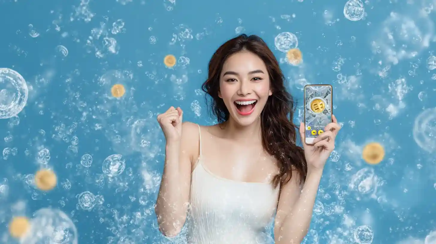 ผู้หญิงยิ้มสดใสพร้อมมือถือกับฟองน้ำรอบตัว