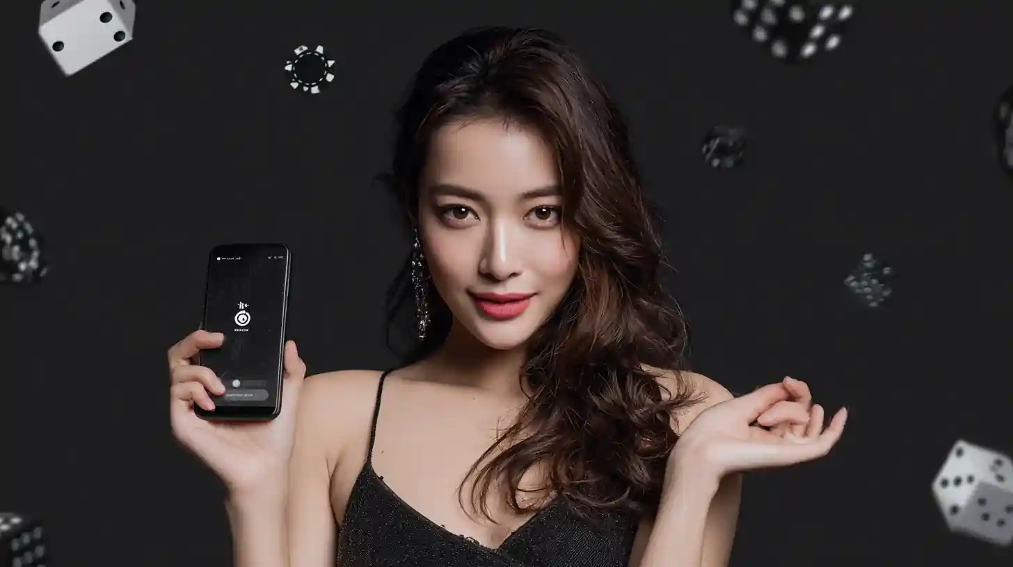 หญิงสาวสวยถือมือถือมีลูกเต๋าลอยรอบตัว